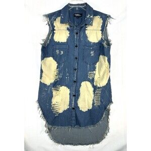 Thrill Denim Shirt Distressed Fringe Sleeveless Thrashed Festival Concert Top